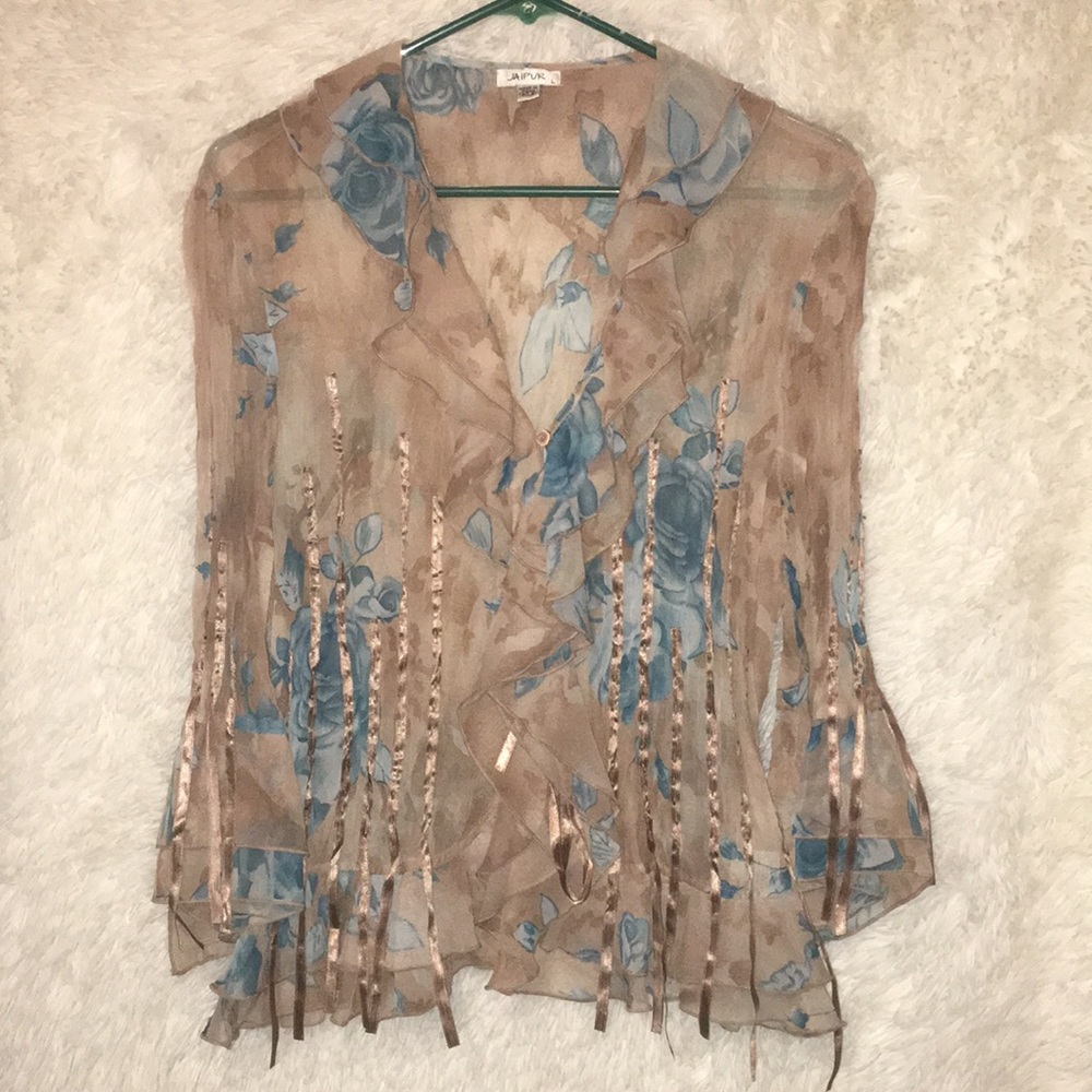 Adorable! Tan & Blue Sheer Blouse!